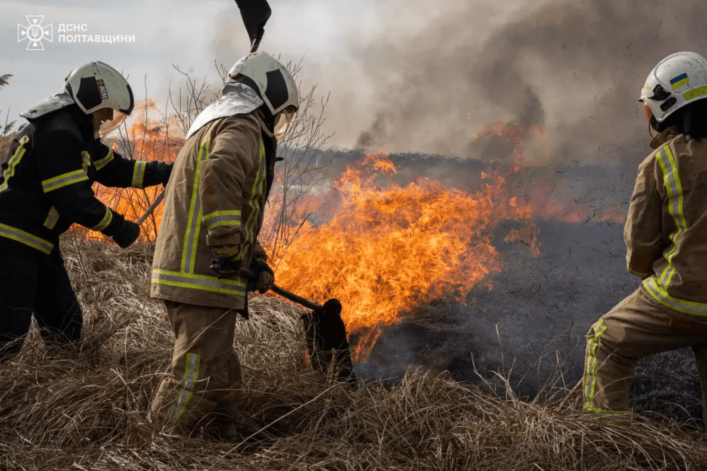 Гасіння пожежі на Полтавщині, які сталися через підпали сухої трави