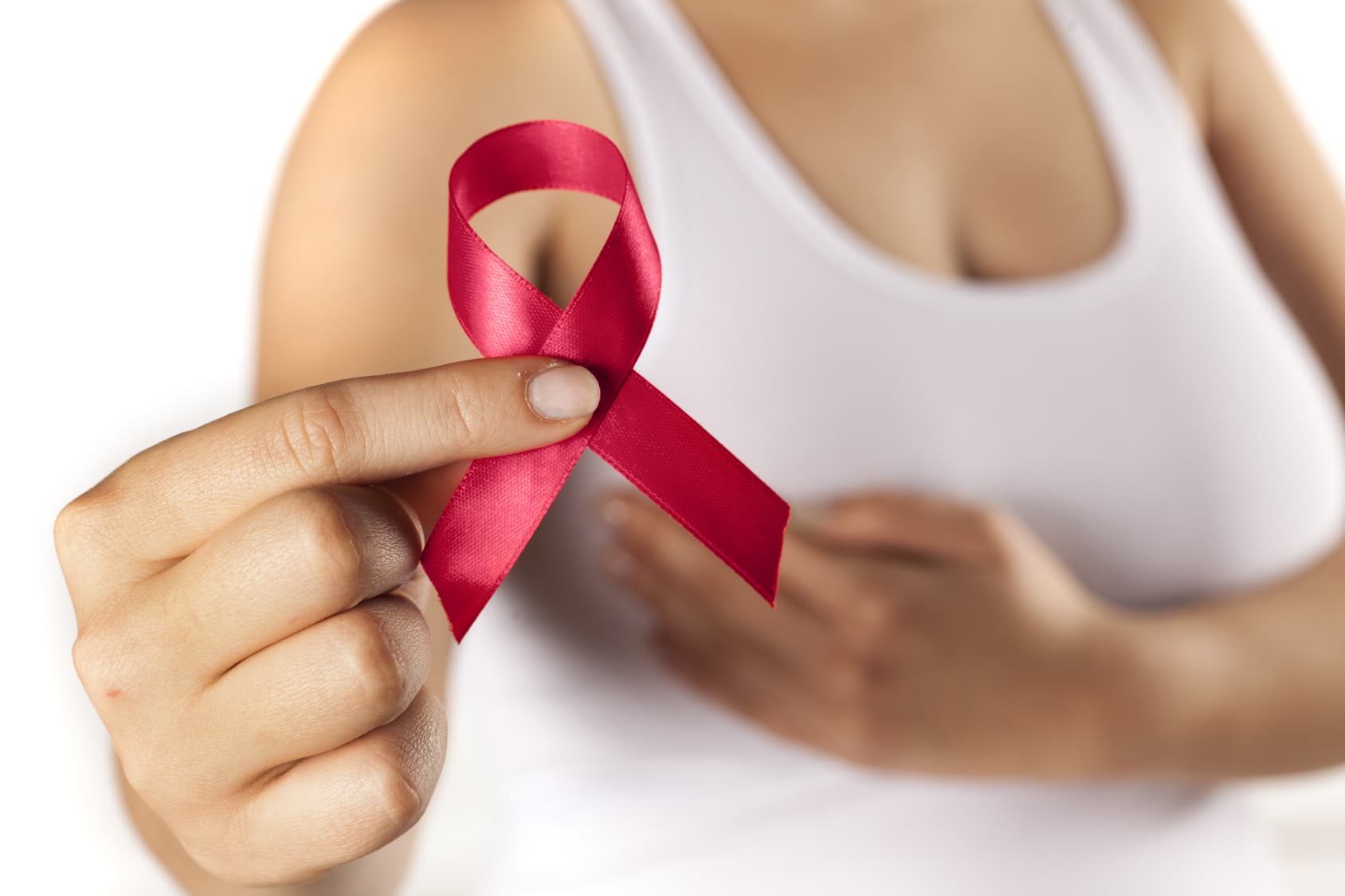 Pink ribbon and woman’s breasts. Breast cancer concept