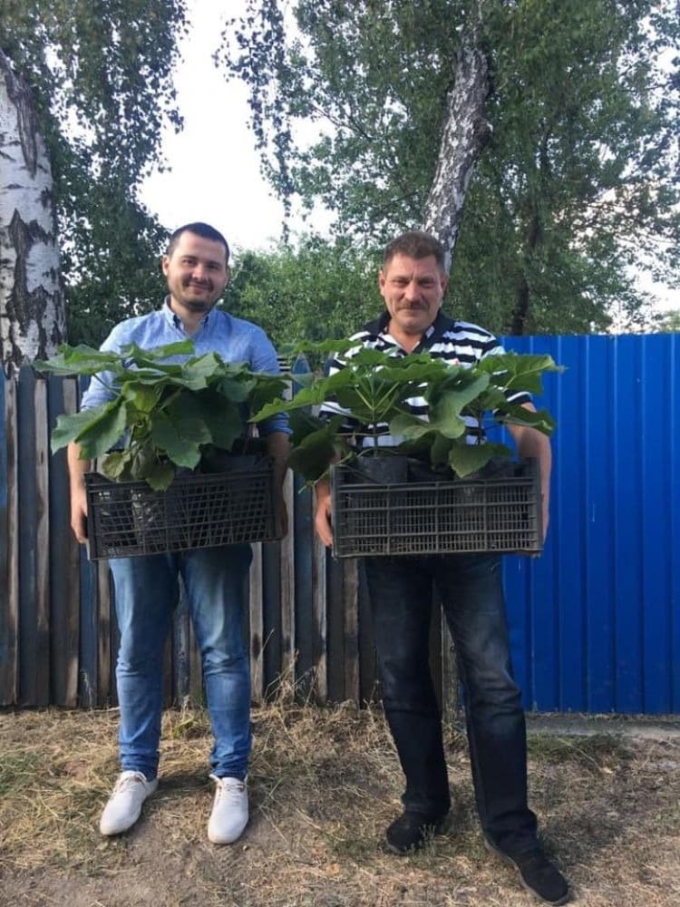 Вадим Ямщиков разом з Віталієм Турпітько тримають саджанці павлонії для парку на Браїлках (Фото – фейсбук-сторінка Ямщикова)