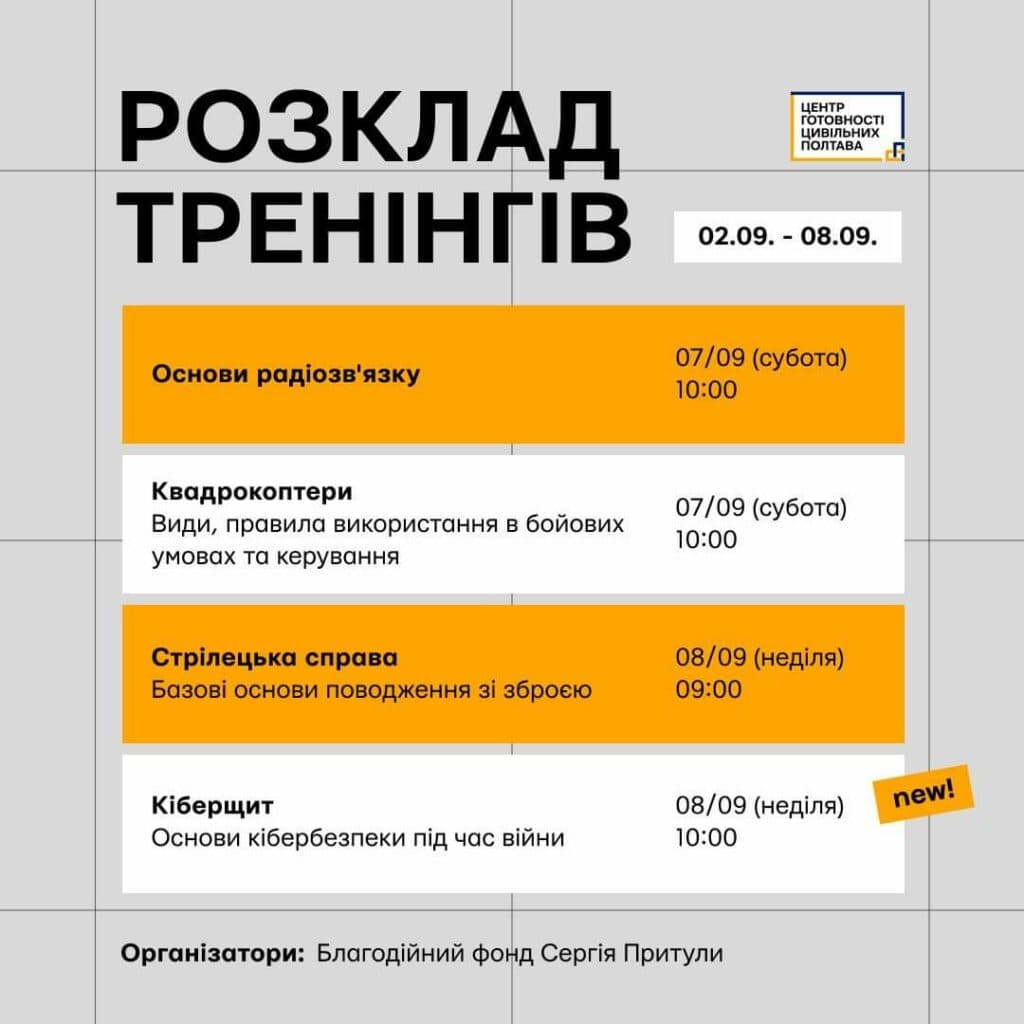 Розклад тренінгів з 2 по 8 вересня.