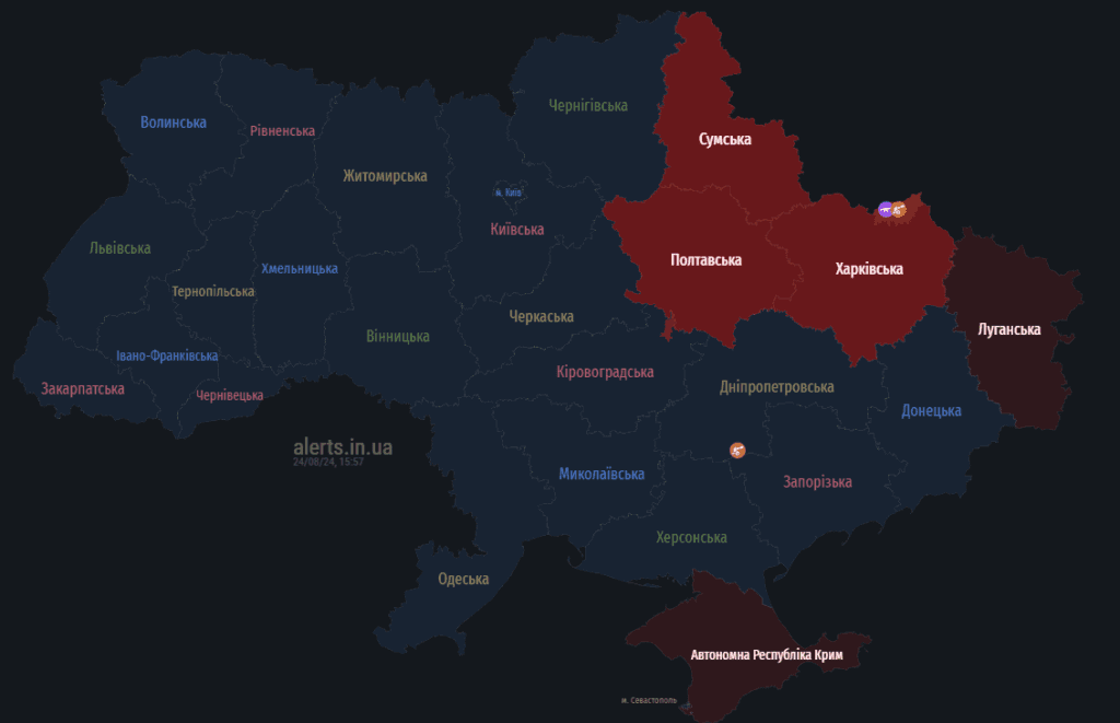 Мапа тривог 24 серпня
