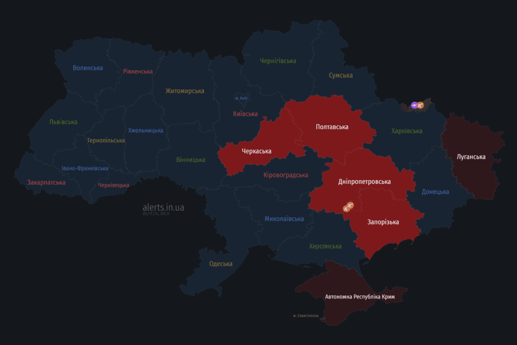 Мапа повітряних тривог станом на 5 листопада.