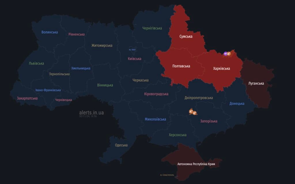 Сирени на Полтавщині: ситуація 30 листопада. Скриншот з «Мапи тривог»