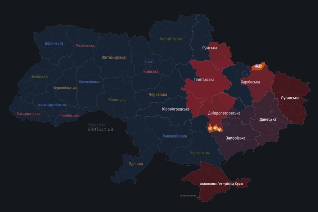 08:15 – повітряна тривога у Полтавському районі. Дрони фіксують над Полтавщиною. Тривога також оголошена у Кременчуцькому та Миргородському районах.