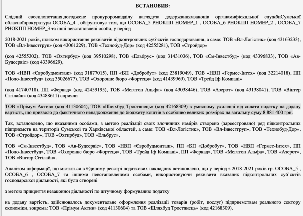 Фрагмент судового документу, що описує механізм штучного формування податкового кредиту. ТОВ «Шляхбуд Тростянець» згадується як один із бенефіціарів документального оформлення фіктивних операцій.